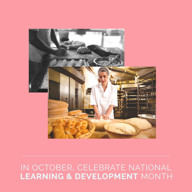 Image of learning and development month over pink background with photos of making bread. Self development, learning and bread making concept.