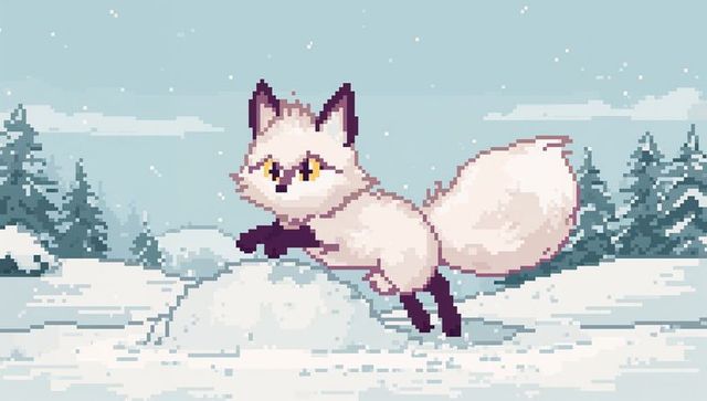 Playful white pixel fox balancing on snowy mound with huge fluffy tail in winter pines