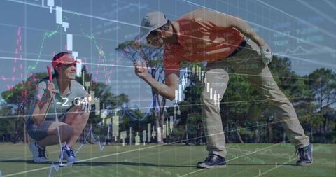 Golf Enthusiasts Analyzing Putt with Financial Chart Overlay