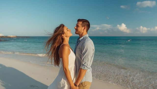 Romantic Couple Gazing at Ocean Shoreline During Sunset