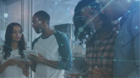 Diverse Colleagues Discussing Tech with Network Connections Overlay