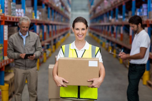 Female worker holding cardboxes while colleague working in background at warehouse