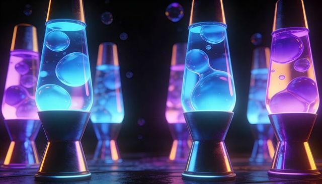 Neon lava lamps glowing blue and purple retro decor on reflective tabletop with metal bases