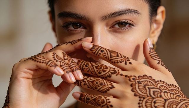 Young woman showing intricate henna mehndi on hands and fingers while making direct eye contact