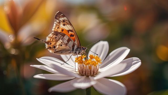 Orange-brown Butterfly Feeding on White Daisy Close-up with Pollen and Wing Detail