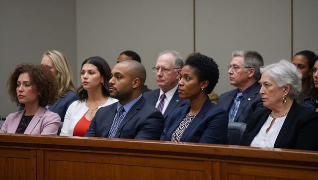 Diverse jury panel listening intently during courtroom trial with serious professional focus