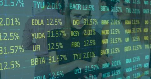 Team collaborating over tablet analyzing stock market tickers with stylus and glasses