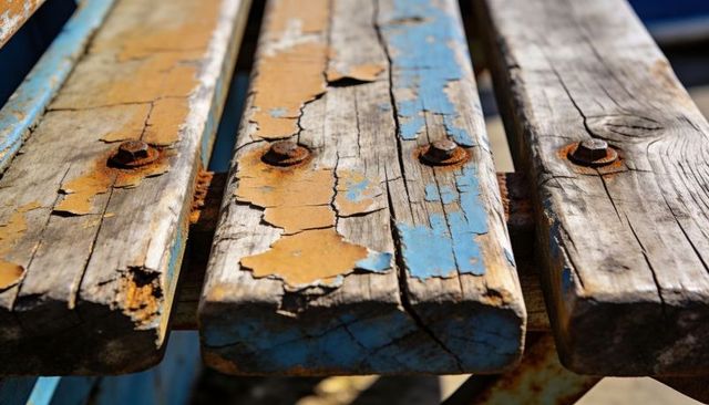 Peeling blue paint on weathered wooden bench slats with rusted bolts