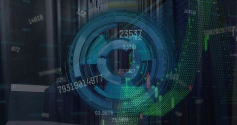 Futuristic digital analytics hud in server room