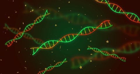 Glowing DNA Helix Neon Green and Red with Floating Gold Stars, Futuristic Biotech Backdrop