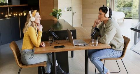 Recording conversational two-person podcast in modern open-plan home studio