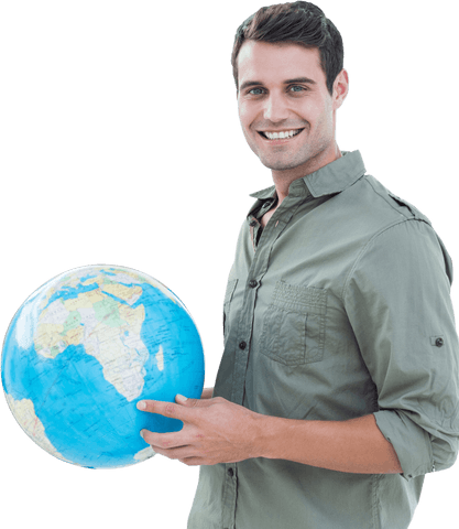 Happy man holding globe smiling transparent background