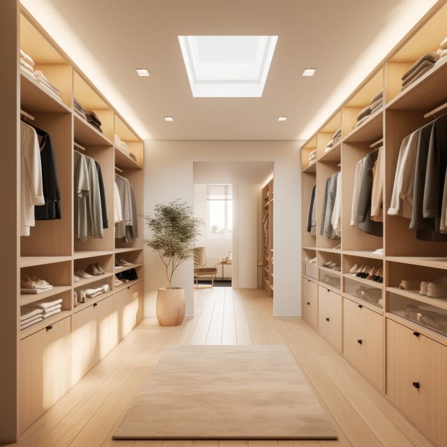Modern light walk in wardrobe with skylight, created using generative ai technology. Interior design, home decor and clothes storage concept digitally generated image.