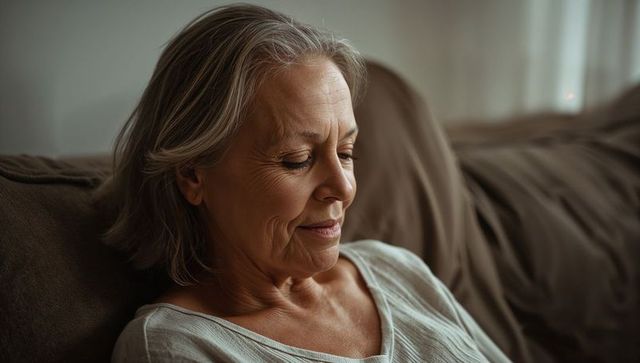 Senior woman relaxing on sofa in warm soft light, peaceful reflective home portrait for wellness and
