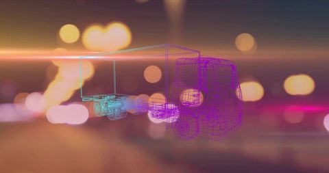 Floating neon wireframe semi truck and trailer with cyan magenta 3d grid and bokeh lights