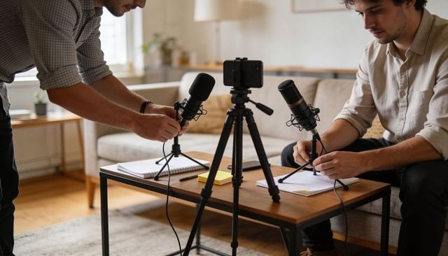 Home Podcast Co-hosts Adjusting Microphones and Smartphone Tripod on Coffee Table
