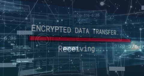 Encrypted Data Transfer HUD Showing Red Progress Bar Network Visualization Cybersecurity