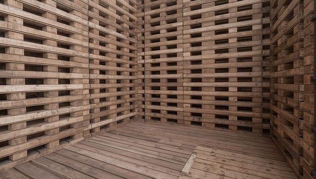 Stacking wooden pallets forming corner storage with worn floor planks, industrial texture