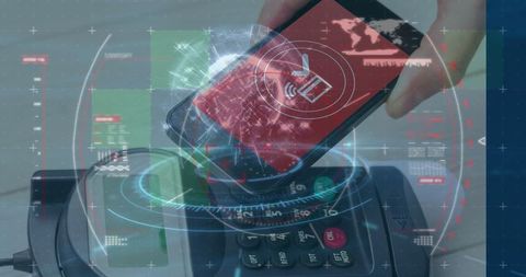 Person holding smartphone for contactless payment at pos terminal