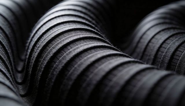 Black ribbed fabric creating wavy ridges macro texture with visible fibers and lint