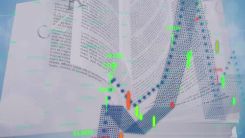 Financial Data Animation Over Open Book Blue Background
