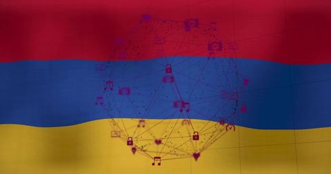 Transparent digital network sphere overlaying tricolor flag with security and media icons