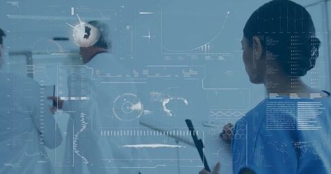 Medical Team Analyzing Patient Data with Futuristic Hologram Interface