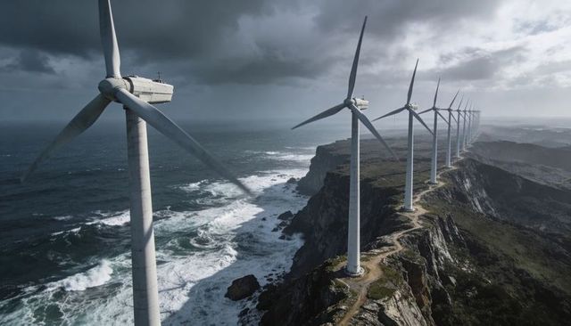 Stormy coastal windfarm with towering turbine on rugged cliff ridge