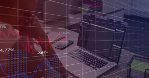 Business analyst reflecting at desk with chart overlay