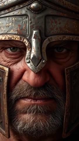 Vertical Close-Up of Weathered Warrior Wearing Patina Helmet, Intense Steady Gaze
