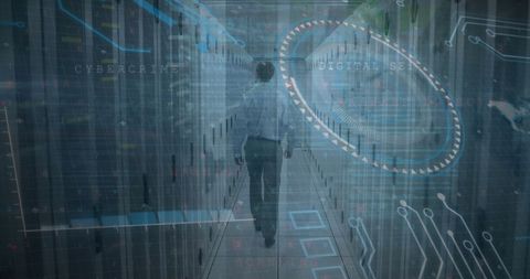 Businessman navigating futuristic data center with cybersecurity graphics