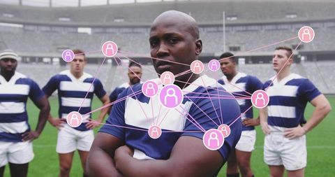 Rugby Team Standing Confident Leader Foreground with Connected Network Overlay