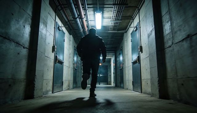 Silhouetted man sprinting down industrial basement corridor under fluorescent lights