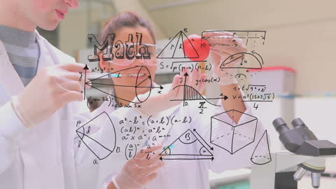 Laboratory Researchers Analyzing Glass Samples with Math Formulas Overlay