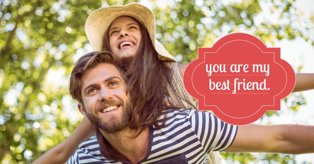 Young couple sharing a joyful moment with piggyback ride in a sunny park. Perfect for representing friendship, summer events, or creating artwork for greeting cards and social media posts celebrating relationships. The image conveys happiness, companionship, and youthful energy.