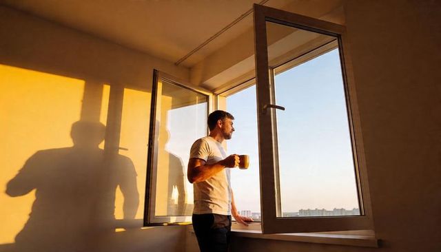 Man standing at open window holding mug watching golden hour sunrise over city skyline