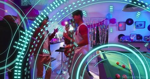 Man holding bottle at neon party with pool table, retro vinyl and futuristic hud overlay