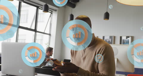 Entrepreneur Engaging in Virtual Meeting with Digital Data Overlay in Office