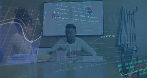 Young Professionals Analyzing Business Data on a Projector Screen