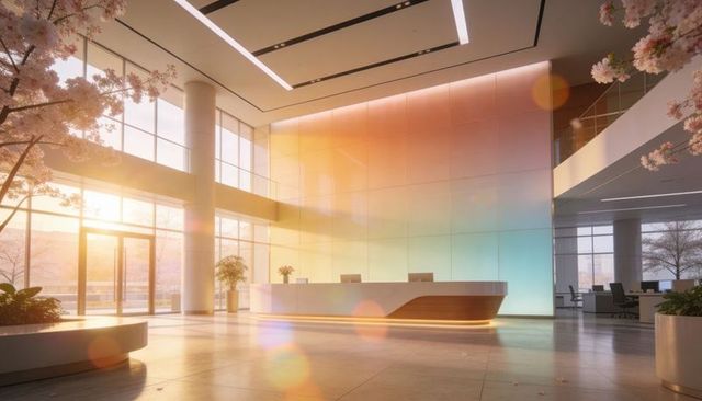 Sunlit modern office lobby featuring curved reception desk and glass curtain wall