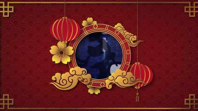 Chinese-themed decorative design featuring vibrant red background adorned with traditional lanterns and floral patterns. Ideal for cultural events, Chinese New Year celebrations, or decorative banners promoting Asian-themed festivals and holidays.