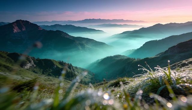 Glistening dewy alpine grasses catching pastel sunrise light over misty mountain valleys