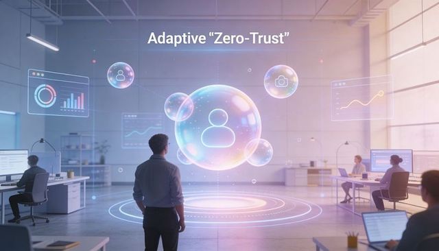 Man observing adaptive Zero-Trust holographic user bubble and floating dashboards in office
