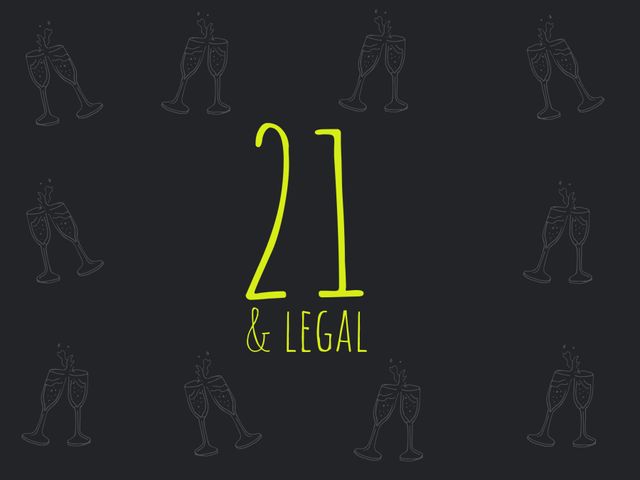 Image featuring '21 & Legal' text with champagne glasses makes a great design for 21st birthday celebrations. Can be used for greeting cards, party invitations, social media announcements, and birthday decorations.