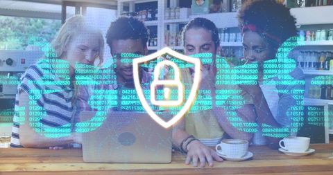Diverse group exploring blockchain security on laptop