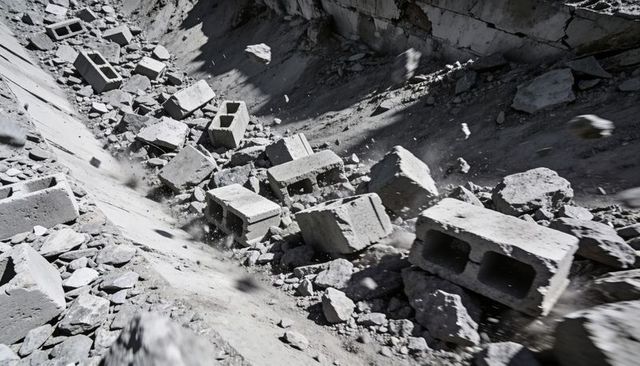 Tumbling cinder blocks and falling rocks racing down steep quarry chute, dust and debris