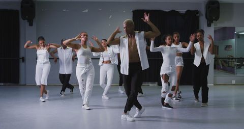 Energetic dance rehearsal with diverse group in studio setting