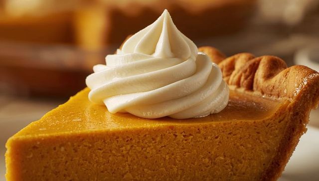 Pumpkin Pie Slice with Whipped Cream Swirl on Wooden Table