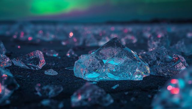 Ethereal ice chunks reflecting aurora on volcanic beach