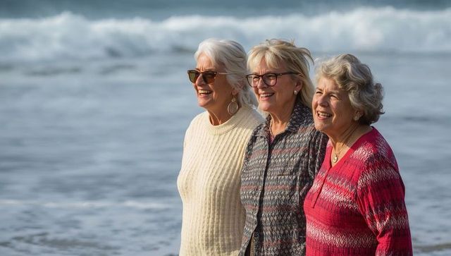 Smiling senior friends standing on shoreline by ocean wearing sweaters and glasses